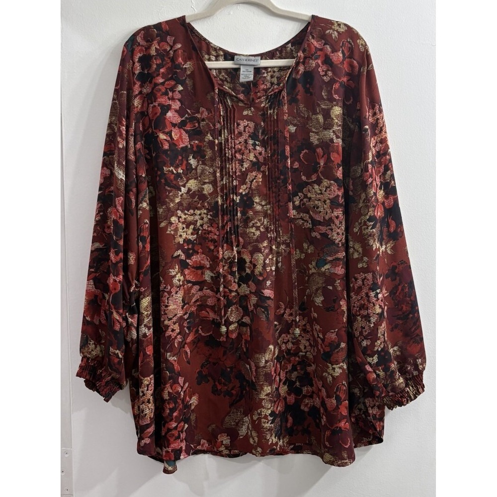 Catherines Womens 2X Burgundy Floral Tunic Blouse Pleated V Neck Balloon Sleeve